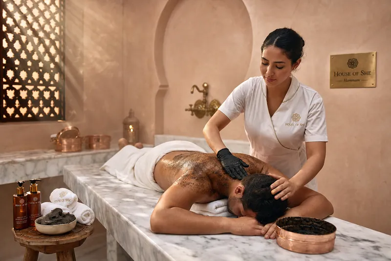 Praticienne réalisant un gommage au savon noir sur table de marbre au hammam House of She, Maârif Casablanca