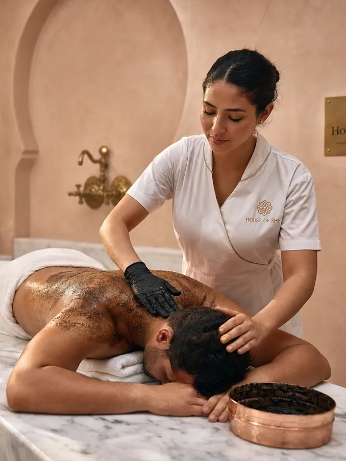 Praticienne réalisant un gommage au savon noir sur table de marbre au hammam House of She, Maârif Casablanca
