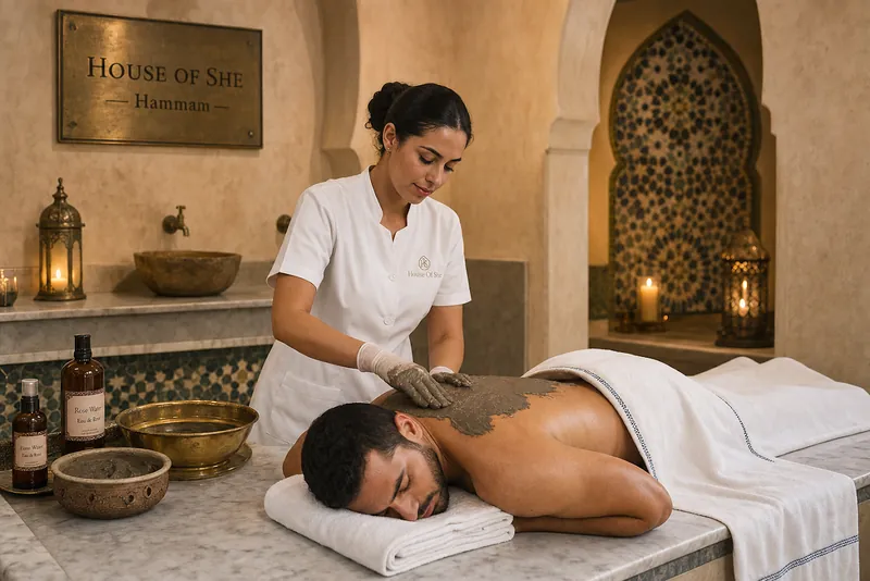 Application d’un masque au ghassoul sur le dos d’un client devant une niche en zellige, hammam House of She à Casablanca