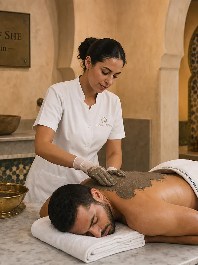 Application d’un masque au ghassoul sur le dos d’un client devant une niche en zellige, hammam House of She à Casablanca