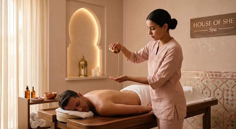 Praticienne versant de l’huile d’argan tiède avant un massage relaxant au spa House of She, Maârif Casablanca