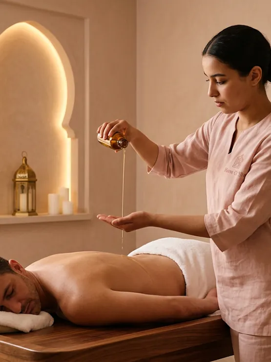Praticienne versant de l’huile d’argan tiède avant un massage relaxant au spa House of She, Maârif Casablanca