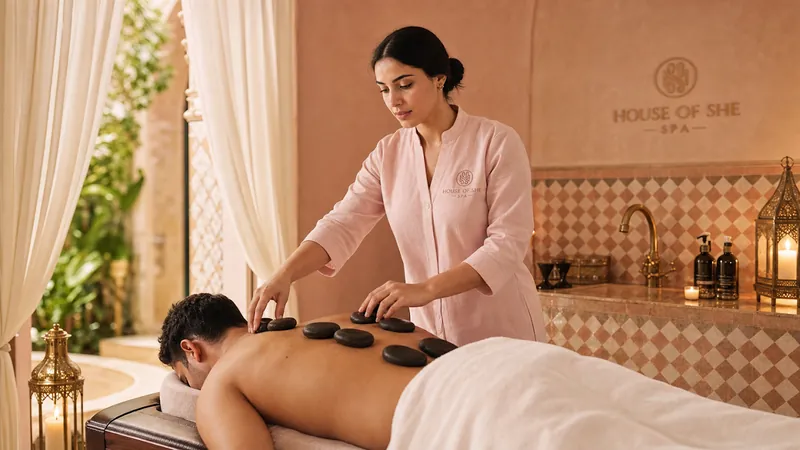 Praticienne déposant des pierres chaudes sur le dos d’un client dans une cabine du spa House of She à Casablanca