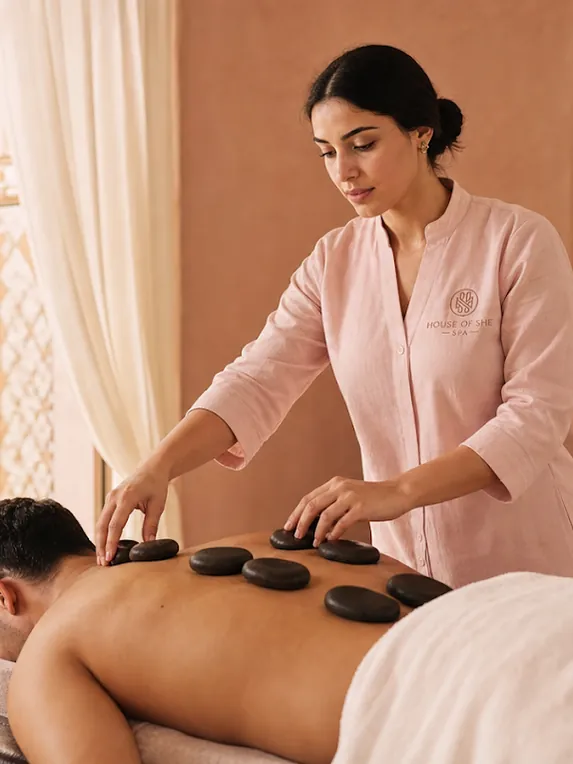 Praticienne déposant des pierres chaudes sur le dos d’un client dans une cabine du spa House of She à Casablanca