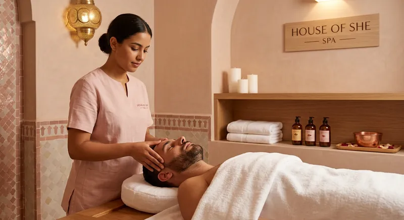 Massage crânien et du visage réalisé par une praticienne en tenue rose au spa House of She, Casablanca