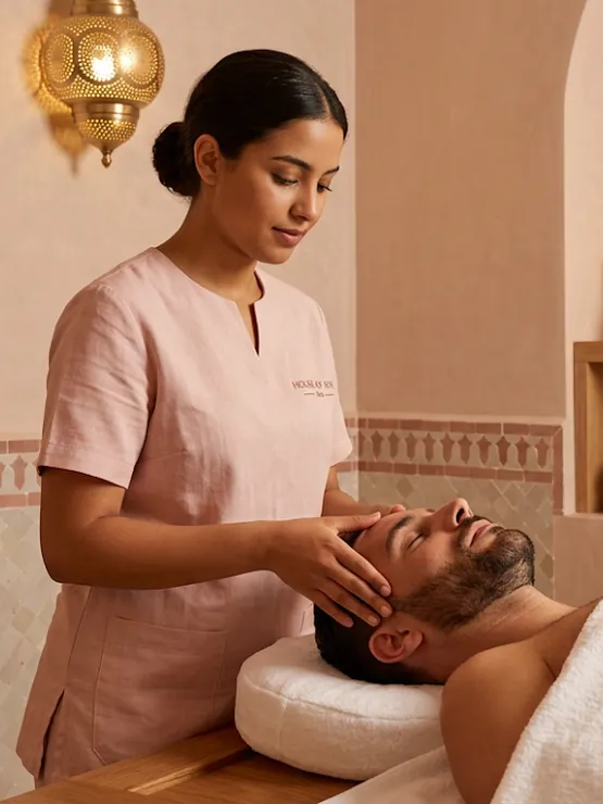 Massage crânien et du visage réalisé par une praticienne en tenue rose au spa House of She, Casablanca